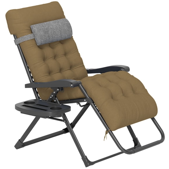 Light Khaki Zero Gravity Recliner – Adjustable Patio Lounger with Cupholder, Steel Frame & Removable Cushion – Indoor/Outdoor Relaxing Chair for Lawn, Campsite & Living Room Use (35.5"W)