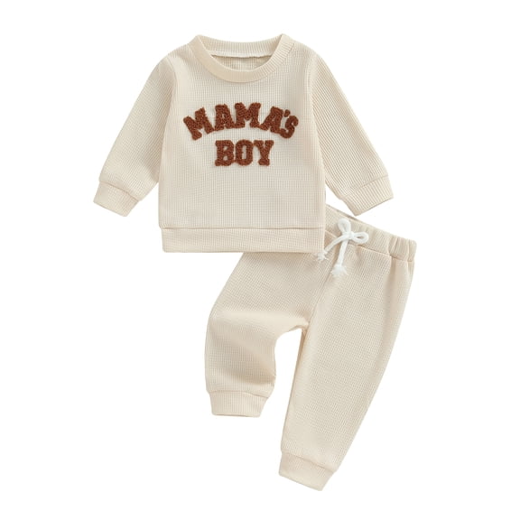Caoirhny Baby Toddler Boy Fall Clothes Set 6 12 18 24 Months 2T 3T Letter Embroidery Long Sleeve Sweatshirt Elastic Waist Pants 2 Piece Waffle Outfit