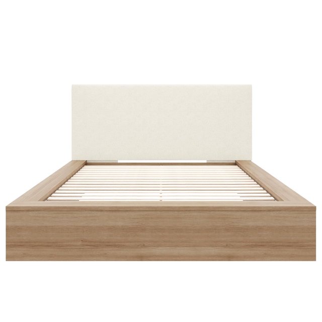 Jane queen size platform bed featuring a light wood frame and an upholstered beige headboard