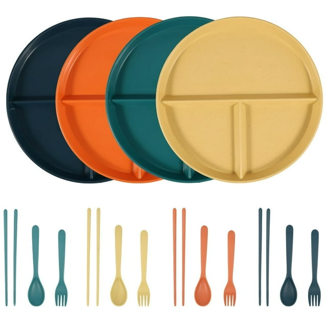 Ensemble de 4 Assiettes Compartimentées avec Vaisselle, 3 Compartiments Incassables, Contrôle des Portions, Assiettes de Régime pour le Souper, Réutilisables, Légères, Ensemble d'Assiettes Compartimentées, Assiettes Séparatrices Empilables, Compatible Micro-Ondes fo