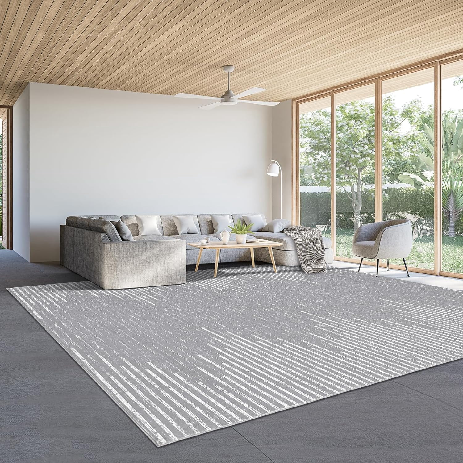 Area Rug 8x10 Washable Rug for Living Room Dining Room Bedroom Office Low Pile Soft Neutral Area Rugs Modern Stripes Farmhouse Floor Cover Grey Rug