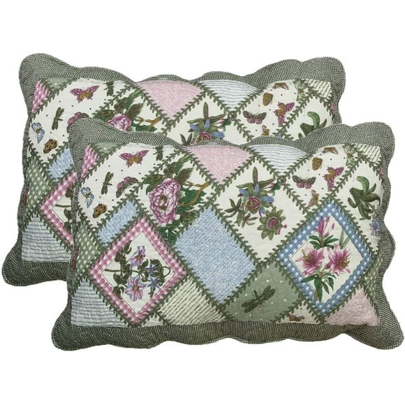 2-Piece Boho Cotton Quilted Bed Pillow Shams Floral Printed Patchwork Pillow Shams Set, Standard Size (304, 20"x28")