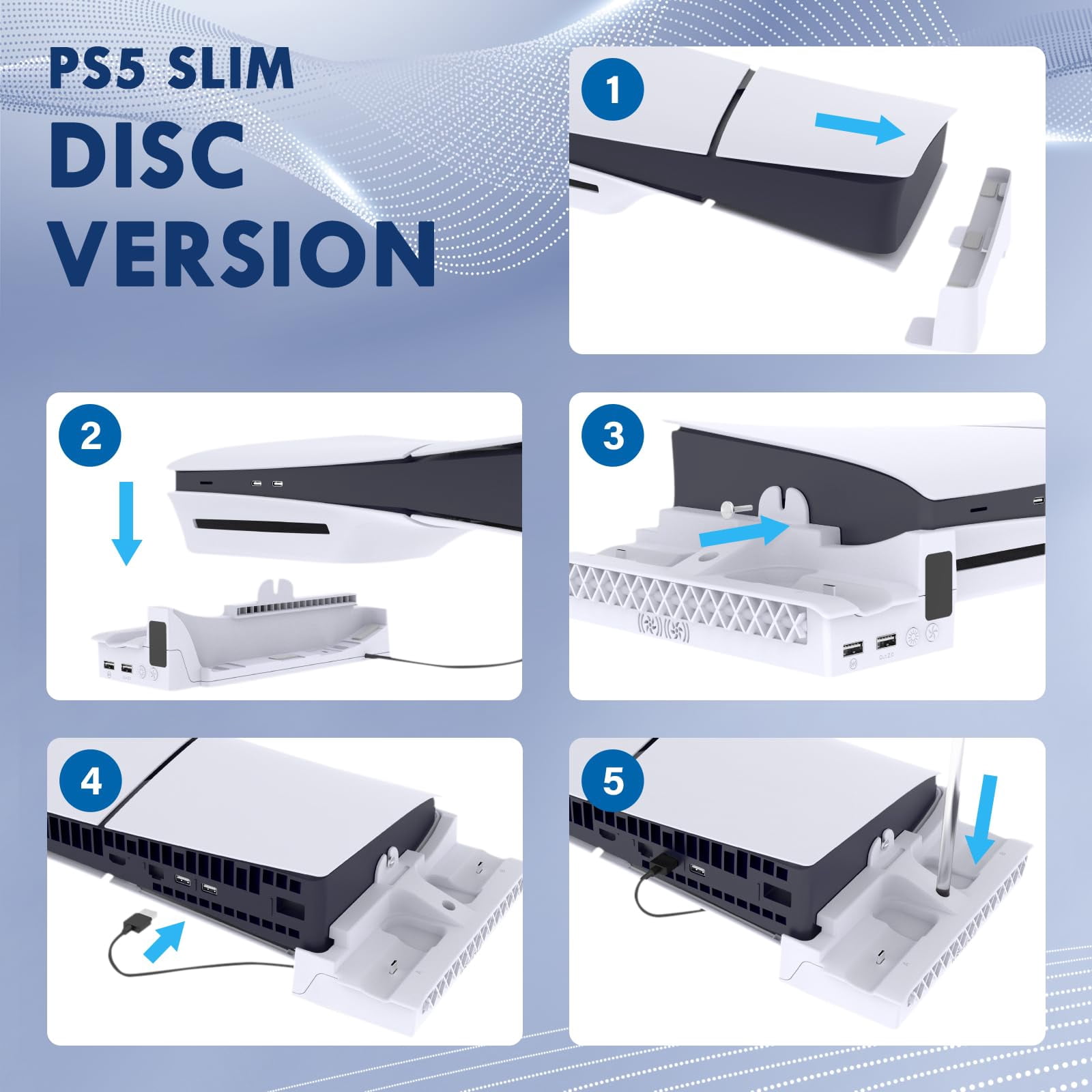 Cooling Station for PS5/PS5 Slim Console Disc/Digital Edition, PS5 Controller Charger with Dual, PS5 Stand for 3-Levels Cooling Fan, Removable Headset, Vertical Cooling Stand Holder