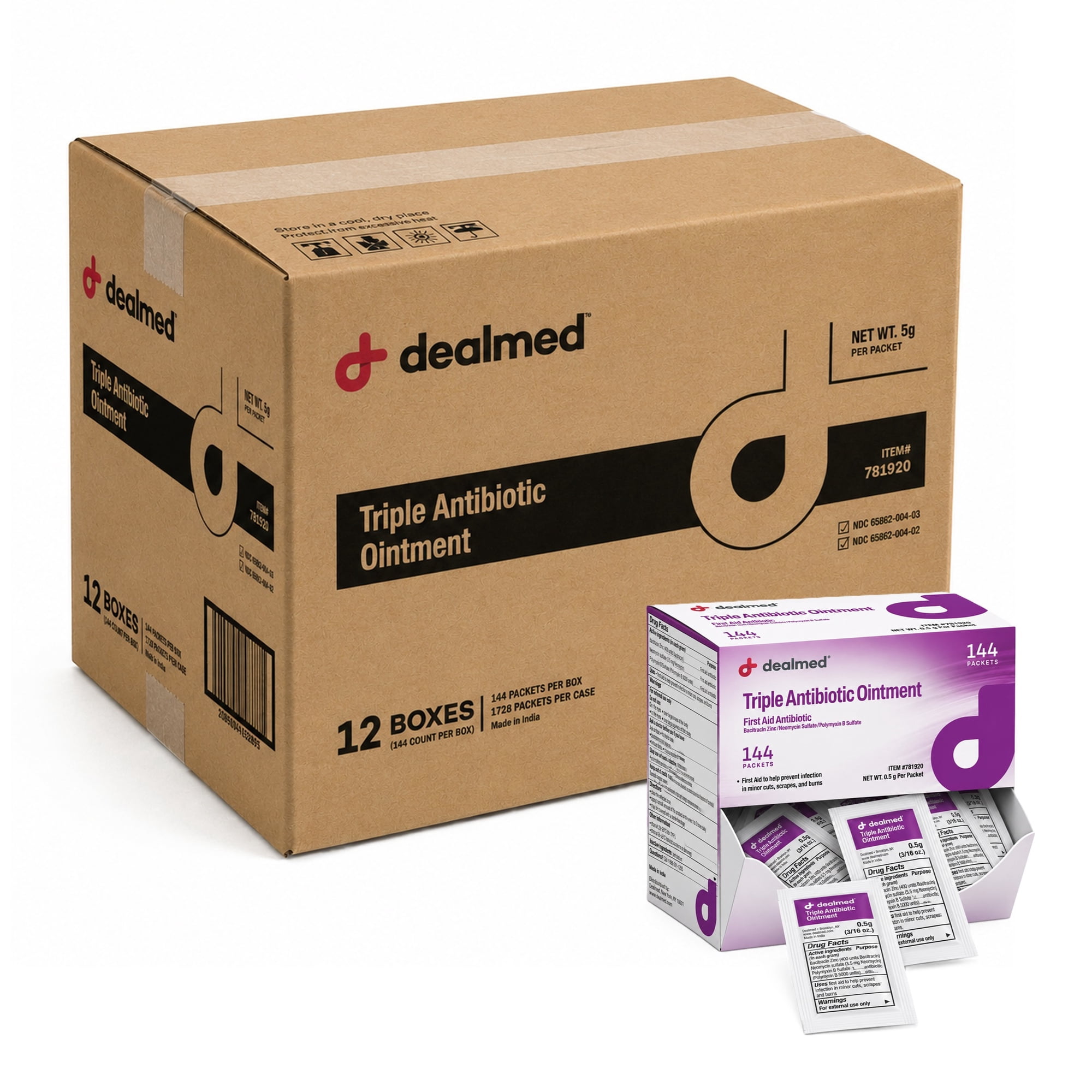 Dealmed Triple Antibiotic Ointment, Instant Relief from Cuts, Scrapes, Burns, 0.9 gm UD, 144 Packets/Box (12 Pack)