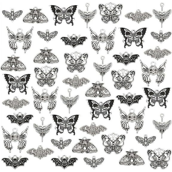 48pcs Gothic Moth Charms Halloween Skull Skeleton Head Charms 8 Styles Antique Silver Skull Butterfly Charms Bat Insect Charms for Jewelry Making Bracelets Necklaces DIY Crafts