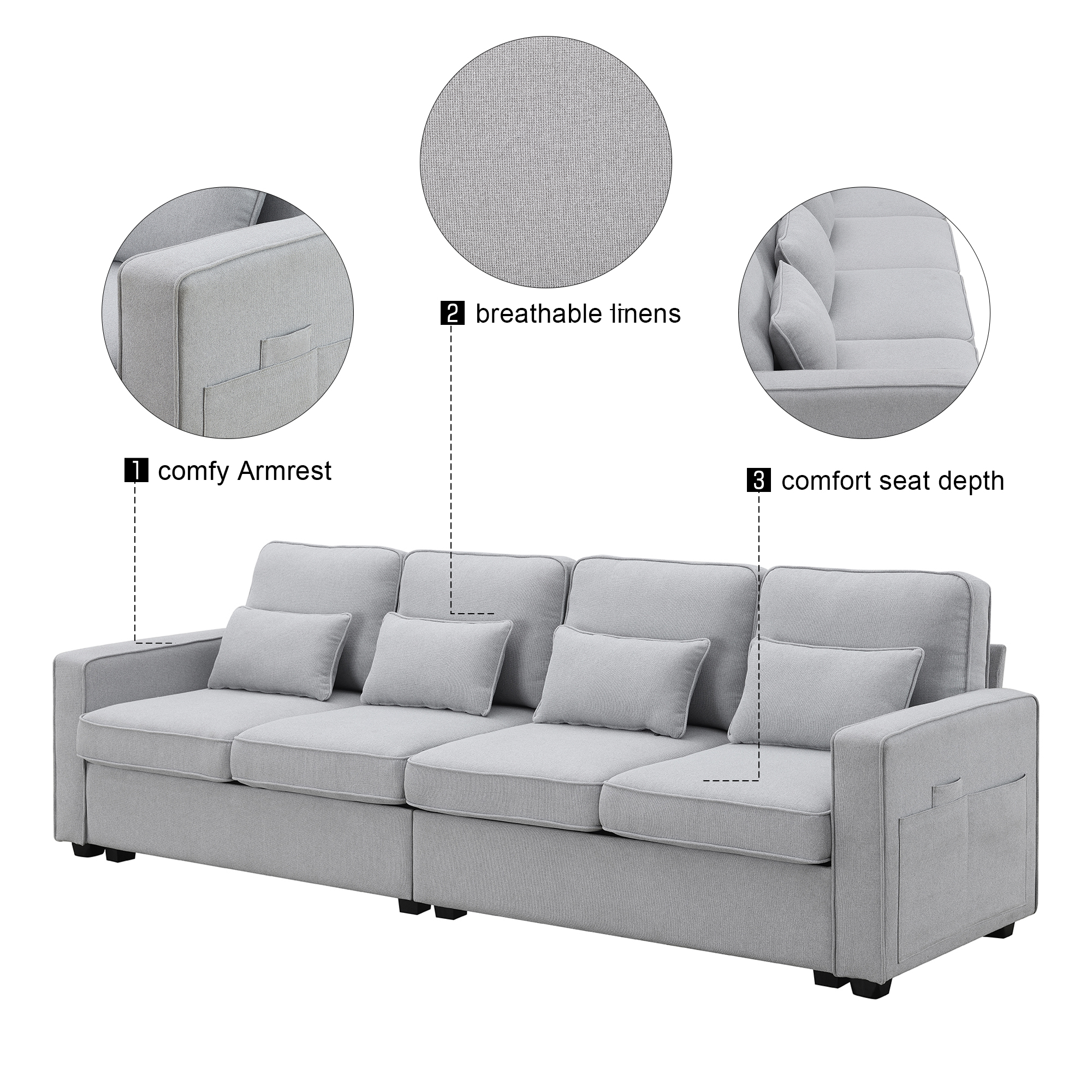 Leumius 104" Sectional Sofa, Modern Linen Fabric 4-Seater Sofa Couch with 4 Pillows, Minimalist Style Couch for Living Room, Apartment, Office, Light Gray