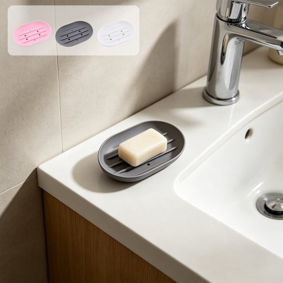 Upgraded Silicone Soap Dish with Drainage, Non‑Slip Elliptical Soap Holder for Bathroom Shower Sink, 4.52"x3.14"x0.98" Gray
