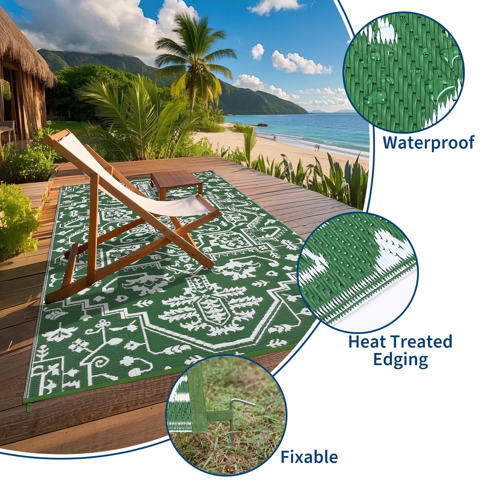 Nanan 9x12 Outdoor Patio Rug, Portable Waterproof Plastic PP Tube Rug, Modern Scalloped Edge Mat for Deck, Yard, Camping, Balcony & Poolside, Green/White