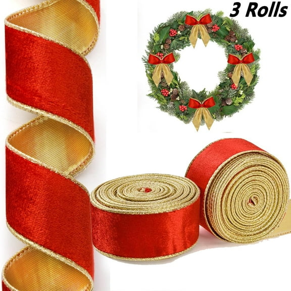Tutuviw 3 Rolls Christmas Red Velvet Ribbon 2.5 Inch x 15 Yard Wired Gold Edge Ribbon, Gold Edge Ribbon for Xmas Tree Wreath Bows Home Decor, Total 15Yards (Gift Wrapping)