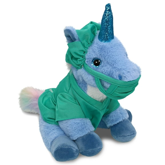 DolliBu Blue Unicorn Doctor Plush Toy - Super Soft Unicorn Doctor Stuffed Animal Dress Up with Cute Scrub Uniform and Cap Outfit - Fluffy Toy Plush Gift for Doctor, Nurse, Surgeon, Dentist - 9 Inch