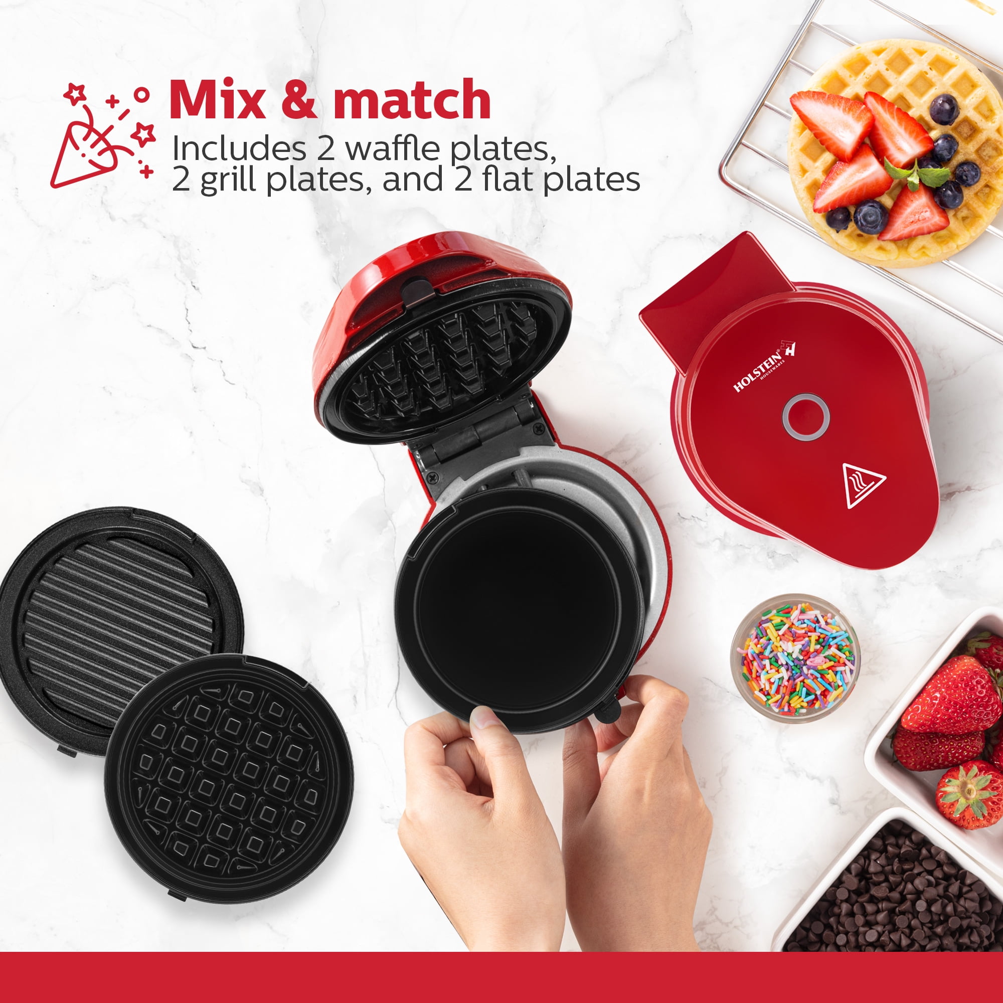 Holstein Housewares 3-IN-1 PERSONAL MAKER – Includes 6 Interchangeable Plates (Waffle, Grill, Flat), Compact Design, Non-Stick Coating, Preheat Indicator Light