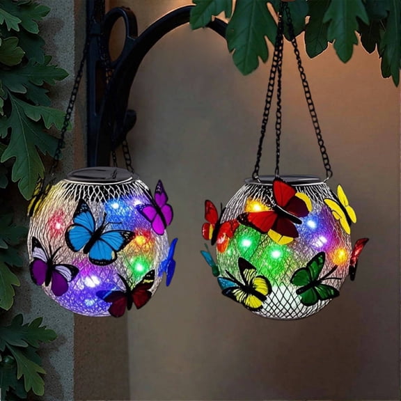 2 Pack Solar Butterfly Hanging Lanterns Waterproof Color Changing & Warm White LED Outdoor Decor Lights for Patio Garden Yard Pathway Balcony Porch Backyard