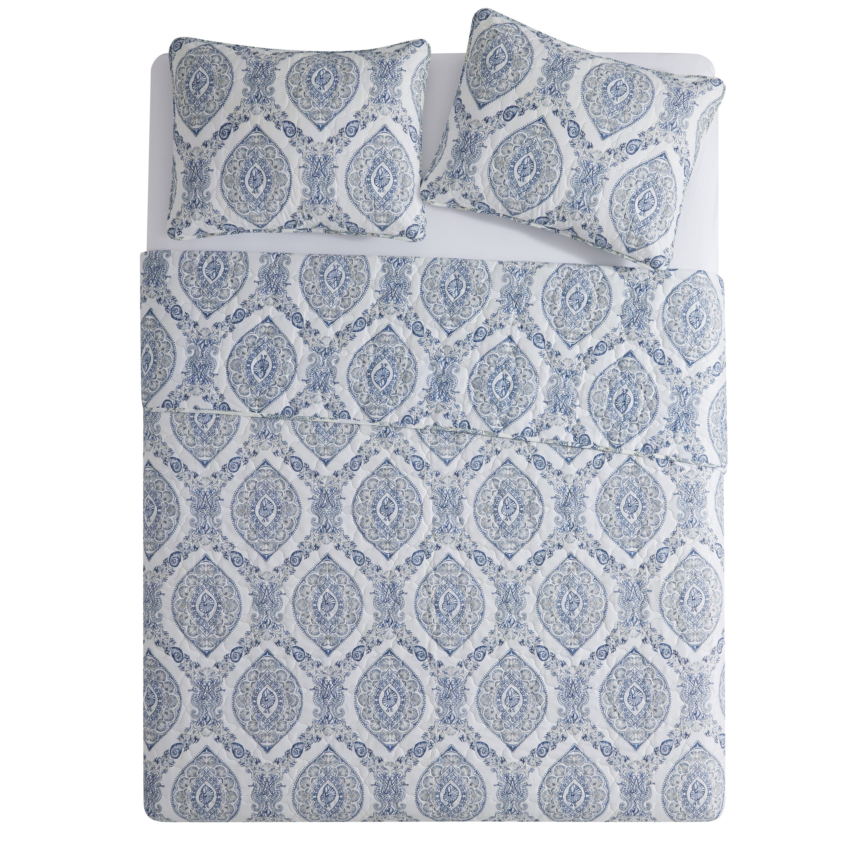 VCNY Home Sea Damask Coastal 3-Piece Blue/Multicolor Damask Quilt Set, King, Adult, Unisex
