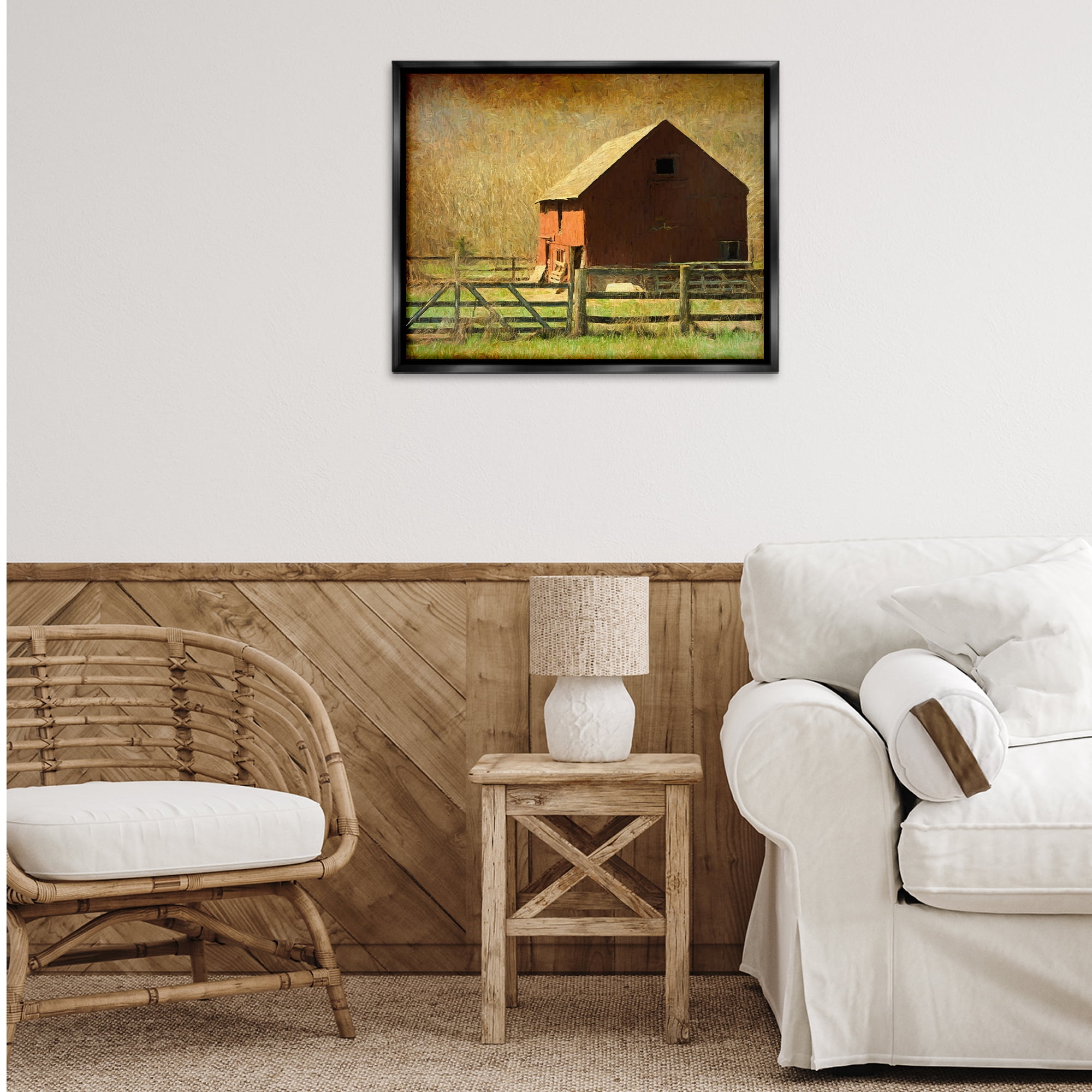 Stupell Industries Red Barn Distressed Pattern Landscape & Nature Painting Black Floater Framed Canvas Art Print Wall Art, 31 x 25