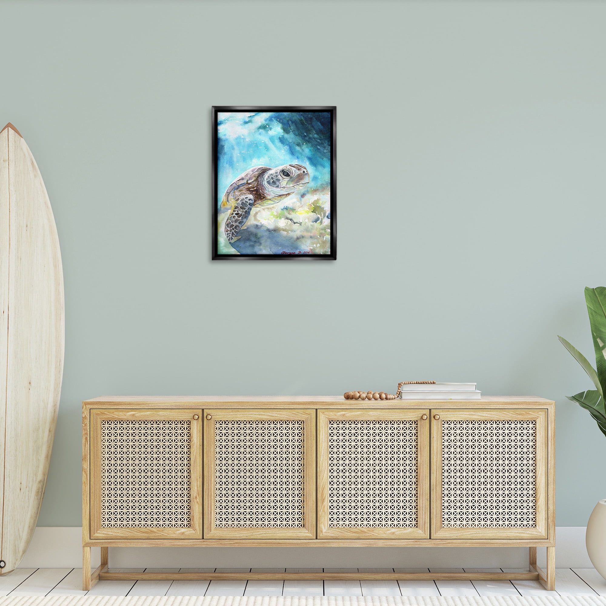 Stupell Industries Sea Turtle Ocean Watercolor Animals & Insects Painting Black Floater Framed Canvas Art Print Wall Art, 25 x 31
