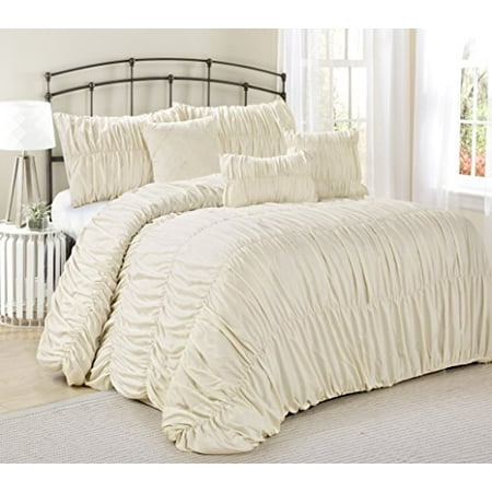 Ruffle Bedding Set 7 Piece Rosales Chic Ruched Ruffled Pleated Clearance bedding Comforter Set Fade Resistant, Wrinkle Free, No Ironing Necessary, Super Soft, All Sizes Ivory- Queen King size (Cal.King) ()