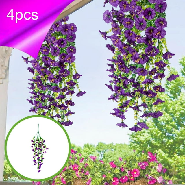 Enredaderas colgantes artificiales de campanilla | Guirnalda de flores artificiales con hojas verdes (paquete de 4)