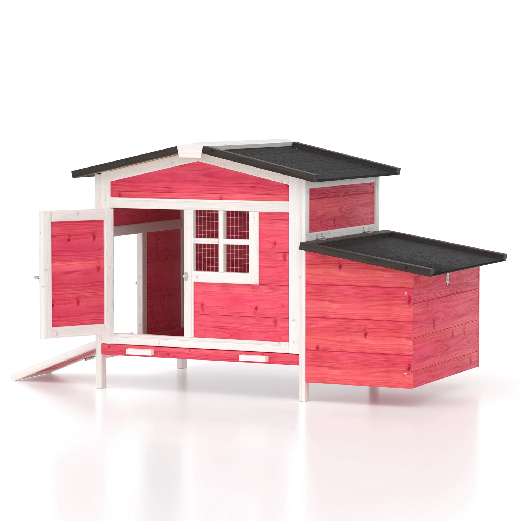 Outdoor Chicken Coop Rabbit Hutch Wooden Hen House w/ Nesting Box & Tray Poultry Cage for Outdoor Indoor, Red