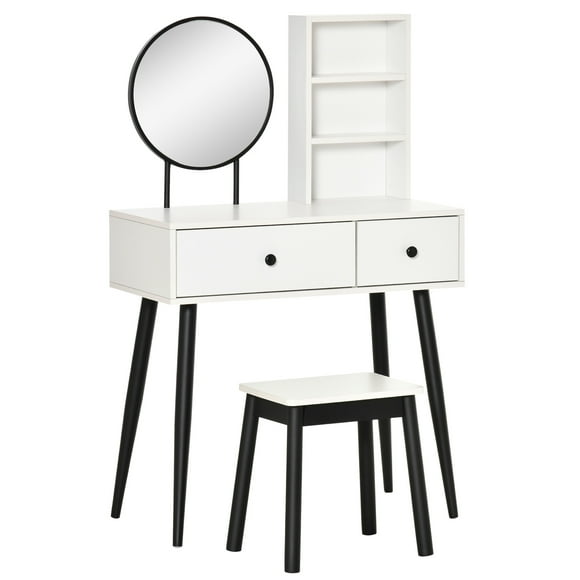 HOMCOM Ensemble de Vanité Coiffeuse de Maquillage avec Tabouret, Bureau de Vanité en Bois avec Miroir, Tiroirs de Rangement et Étagère pour Chambre à Coucher, Blanc et Noir