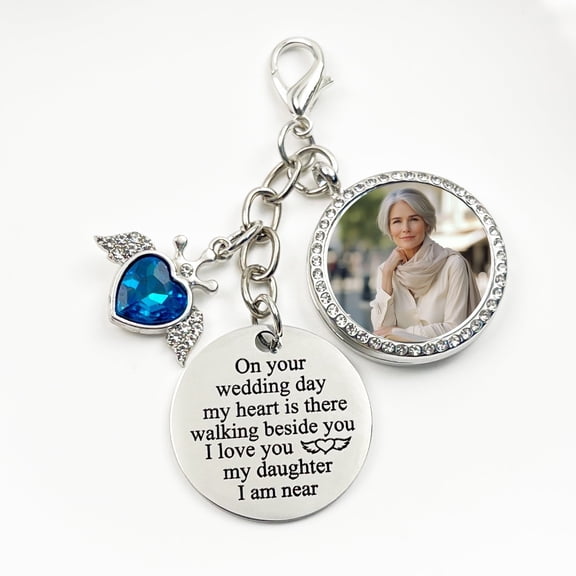 Something Blue Charm for Bride Bouquet Rhinestone Photo Locket DIY Memorial Gifts Bridal Keepsake Wedding Accessories in Memory of Mom or Dad, Remembrance Gift