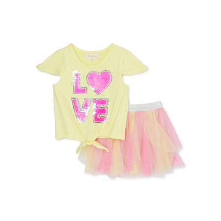 Btween Girls Tie Front Graphic Top and Tutu Skirt, 2-Piece Outfit Set, Size 4-12