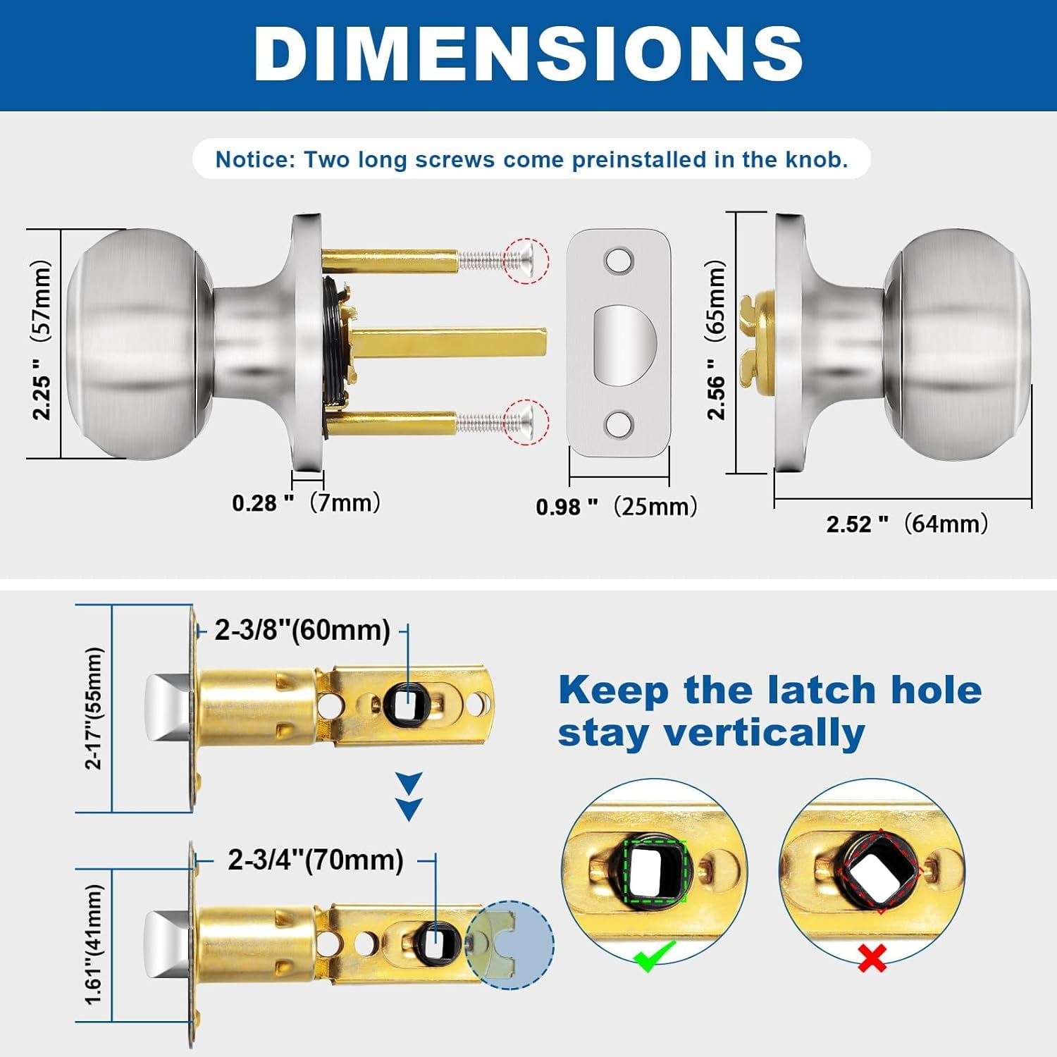 Brushed Nickel Door Knob, 6 Pack Round Keyless Doorknobs Interior/Exterior Lockset, Passage Locking Door Knobs for Bedroom/Bathroom, Modern Design Door Hardware