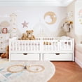 thumbnail image 3 of URTR Twin Size Montessori Platform Bed with Full-length Guardrails and 2 Drawers, Wooden Twin Low Profile Platform Bedframe with Cute Headboard for Bedroom, White, 3 of 9