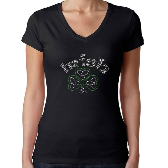 Womens T-Shirt Rhinestone Bling Black Tee Irish St Patrick Clover V-Neck Small