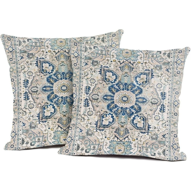 Blue Boho Style Throw Pillow Cover Set of 2 Ethnic Design Pattern Linen Persian Carpet Tribal Pattern Throw Pillow Case 20x20 inch Cushion Cover Home Office Decorative Square