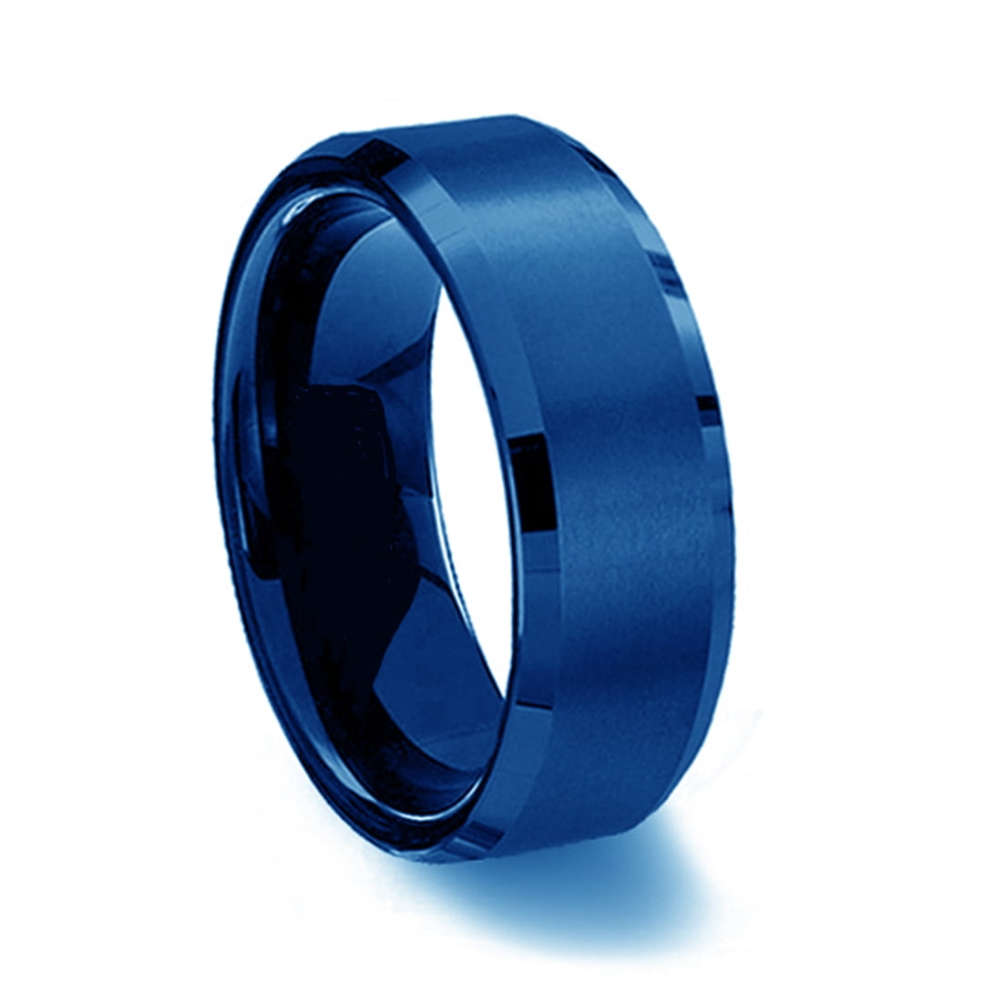 Gemini His & Hers Plain Flat Comfort Fit BlueTitanium Wedding Bands Rings Set Width 6mm & 4mm Men Ring Size 10 Women Ring Size 8.5 