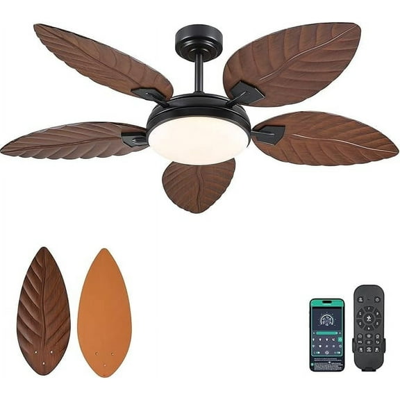 Kviflon 62" Tropical Ceiling Fan with LED Lights & Remote, Outdoor Palm Leaf Fan for Patios, Porch, Bedroom, Dimmable 6 Speeds, Reversible DC Motor, Smart App Control - Dark Brown