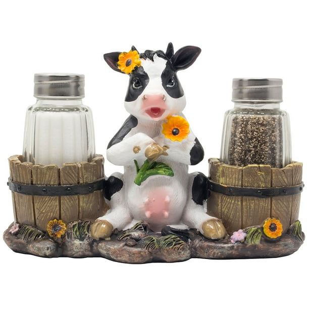 Holstein Cow Salt And Pepper Shaker Set With Decorative Sunflowers And Classic Water Pails Holder Figurine In Farm House Decorations As Rustic Country Kitchen Décor Spice Racks Or Gifts For Mom