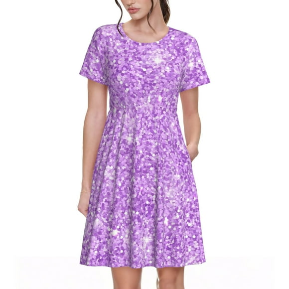 Vsdgher Lilac Glittering for Womens Summer 2025 Casual Midi Maxi Dresses Lightweight Short Sleeve Round Neck Beach Dress