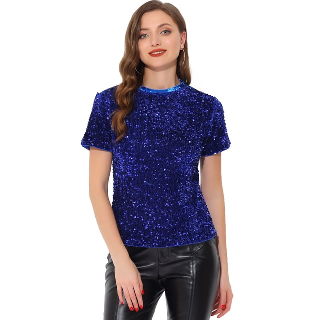 Blusa de fiesta de manga corta con cuello redondo y lentejuelas de terciopelo para mujer Azul brillante S