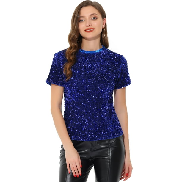 Blusa de fiesta de manga corta con cuello redondo y lentejuelas de terciopelo para mujer Azul brillante S