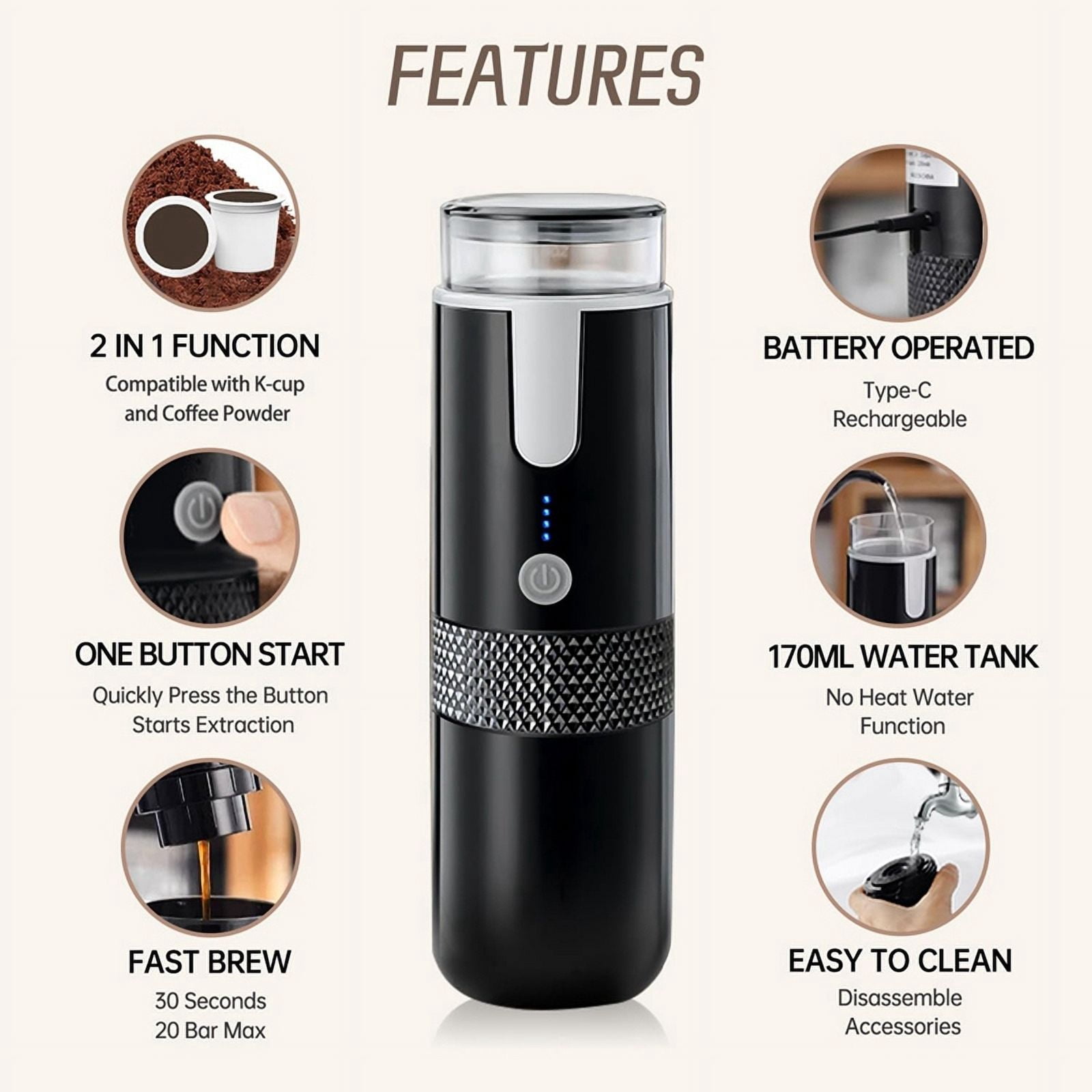 Portable Espresso Maker, Electric Travel Coffee Machine for Office Camping Fit Powder & Capsule