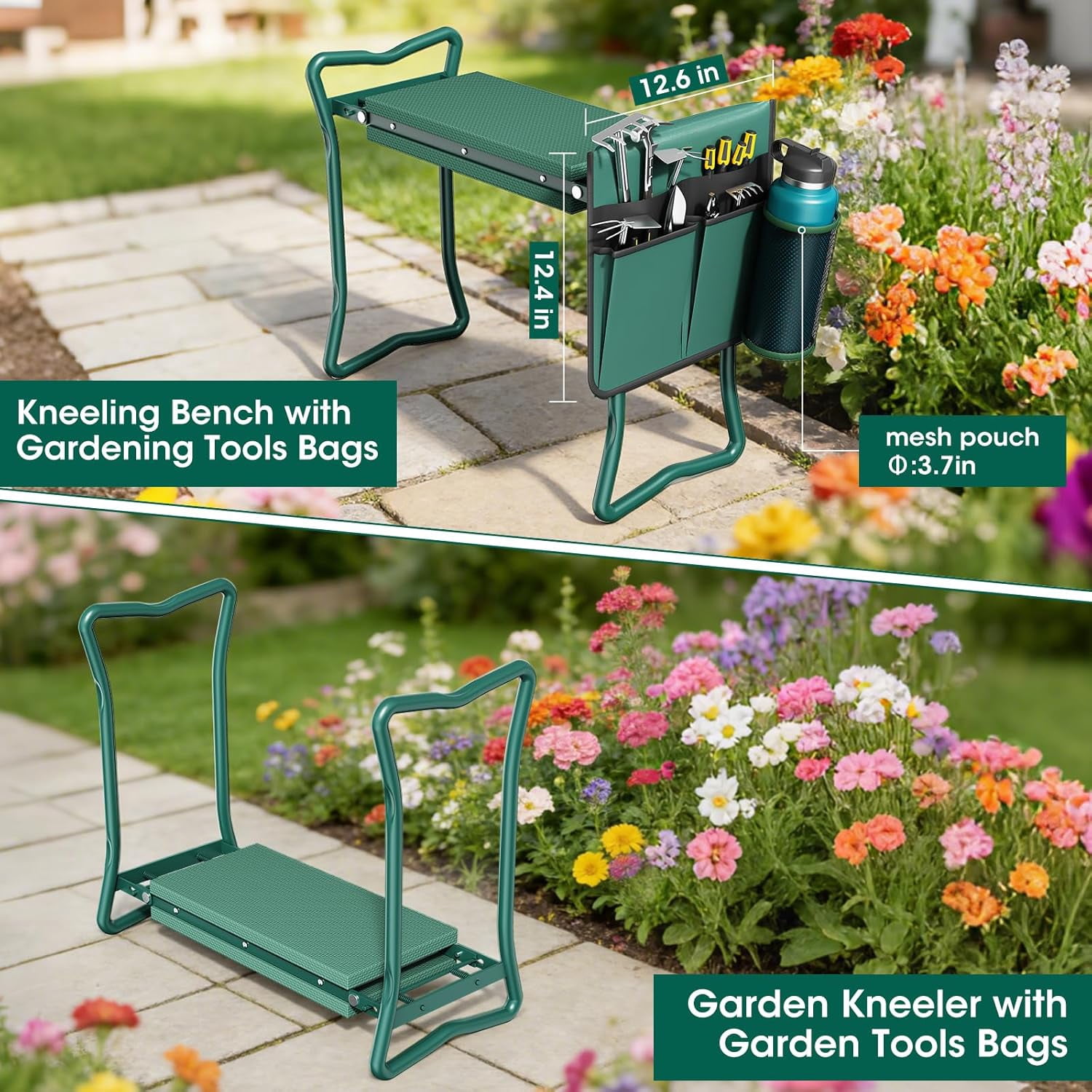 2-in-1 Garden Kneeler with Umbrella, Garden Kneeling Bench & Green Umbrella, Portable Garden Stool Loads Capacity 330lb and Garden Tools Bag with bottle holder, Gardening Gifts for Women,Men,Seniors
