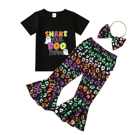 

Baby Clothes Toddler Girls Short Sleeve Cartoon Letter Prints T Shirt Tops Flare Pants Headbands Set Baby Girl Outfit Black 3 Years-4 Years