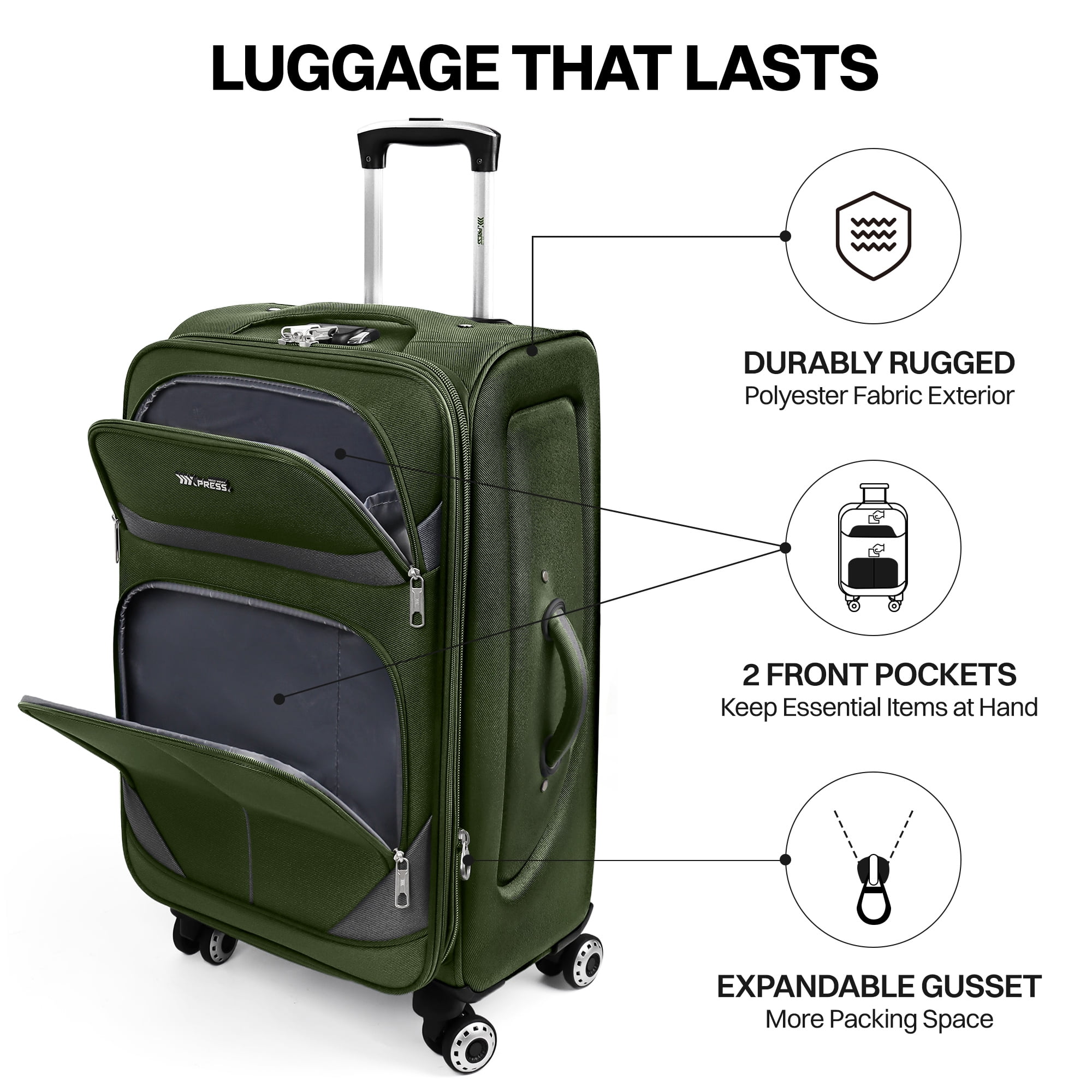 New York Xpress 32" Softside Large Checked Luggage Lightweight Expandable Suitcase with Spinner Wheels, Green/Grey, WD8815