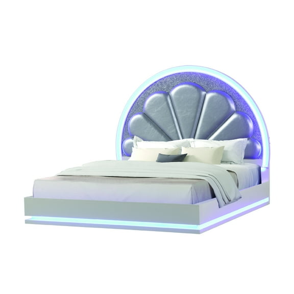 Perla Queen Size LED Bed Made with Wood in Milky White