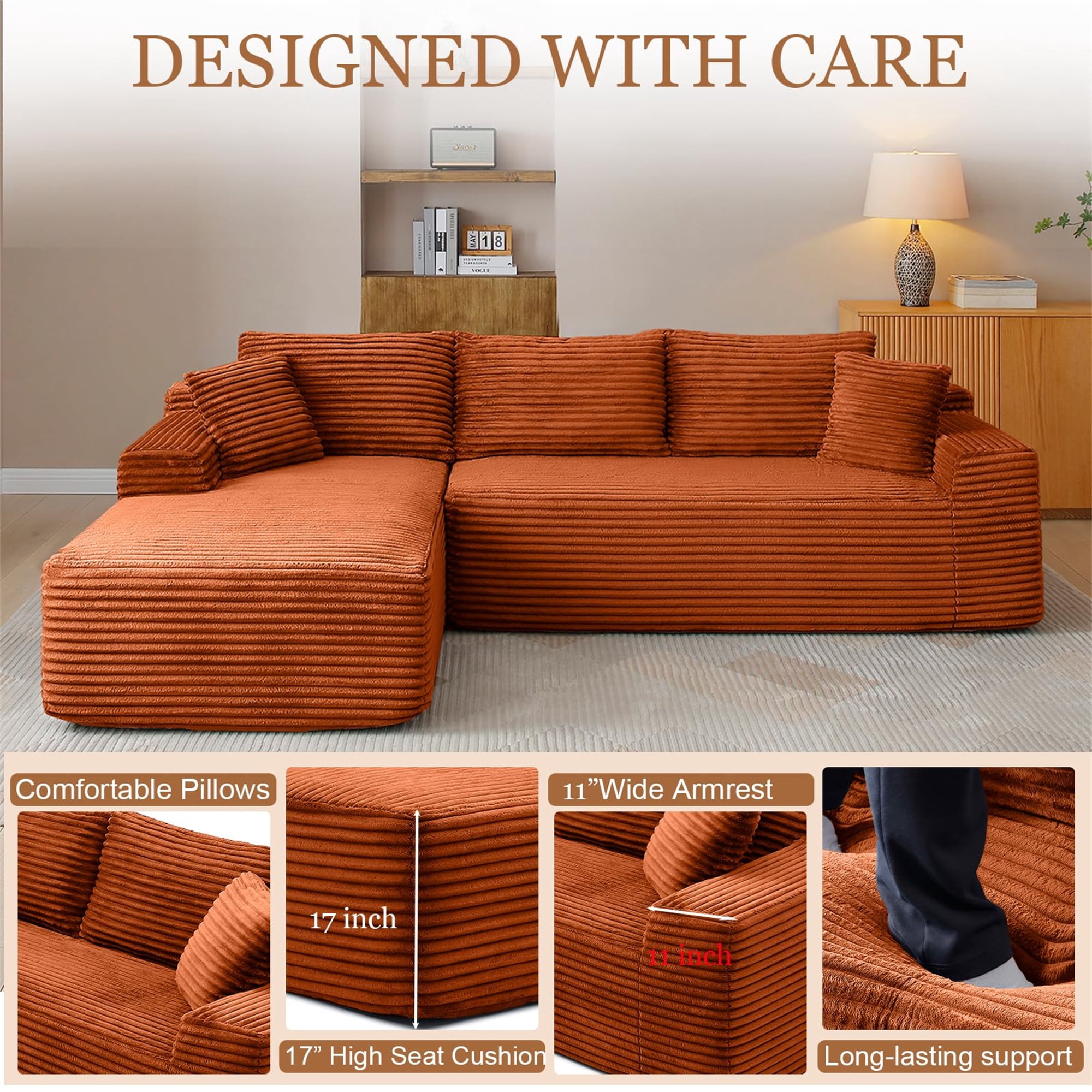 Aukfa 105" Cloud Sectional Sofa Boneless Couch Modular Sofa Bed for Living Room, 2Pillows, Left Chiase, Corduroy, Orange
