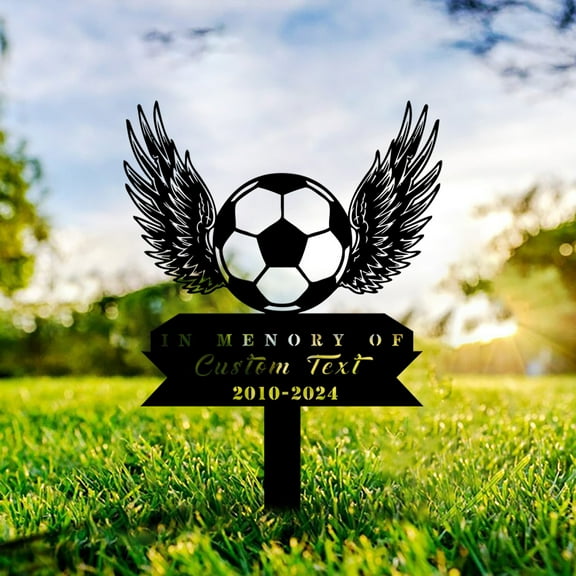 Custom Soccer Metal Memorial Stake Personalized Football Player Grave Marker Name Sign Ball With Wings Remembrance Stake Decor