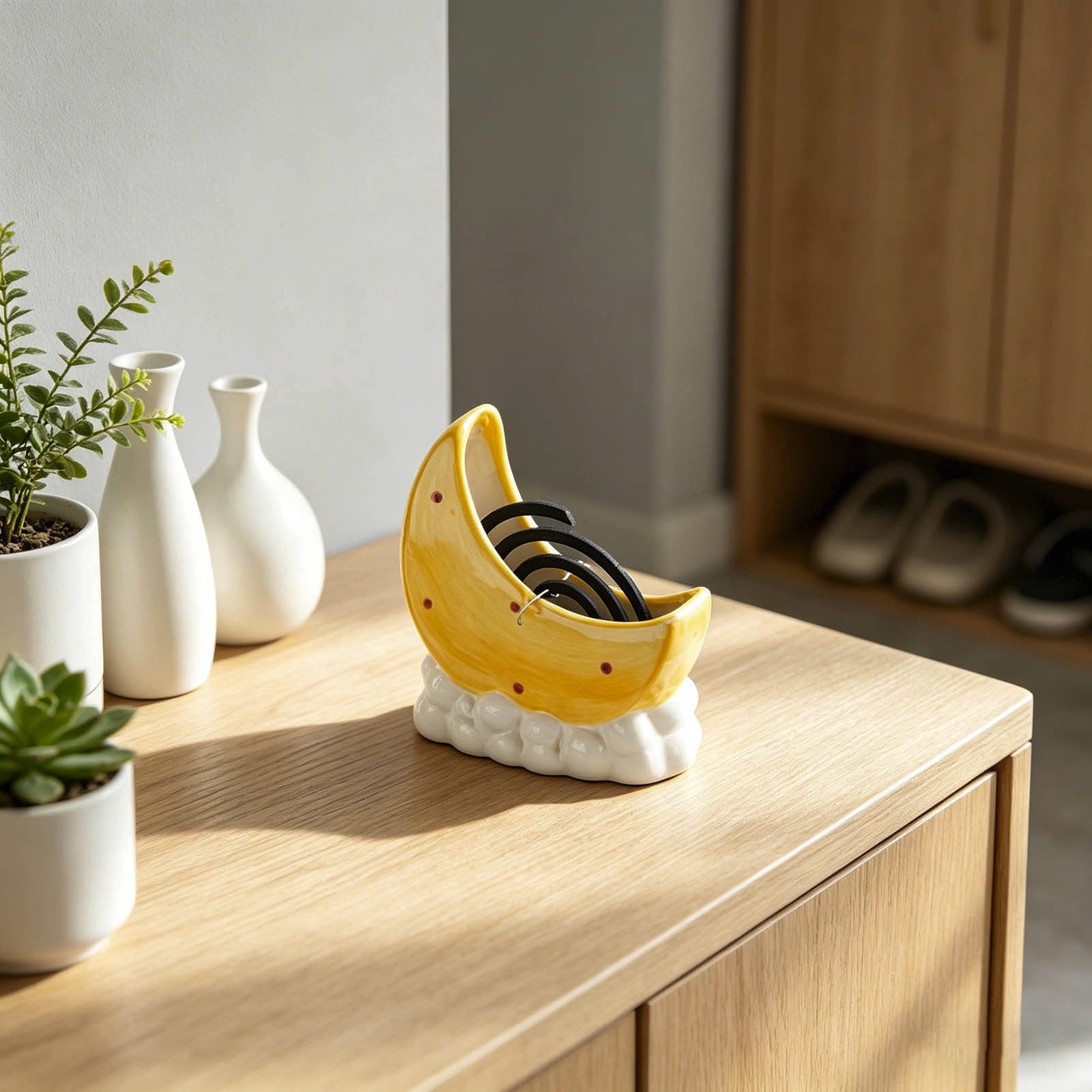 Coil Incense Burner Cute Moon-Shaped Ceramic Mosquito Coils Holder Portable Ash-Catching Spiral Incense Rack with Stable Base for Indoor Home Bedroom and Outdoor Camping