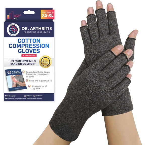 Doctor Developed Compression Gloves for Men & Women – Open-Finger Hand Support Gloves for Typing, Crafts & Everyday Comfort – Includes Doctor Handbook (Grey, Small, 1 Pair)