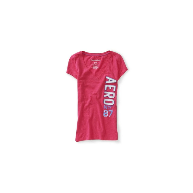 Aeropostale Vertical Nyc 87 playera adornada con cuello en V para mujer, rosa, mediano Aeropostale Camiseta adornada