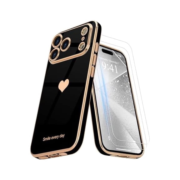 for iPhone 17 Pro Case with Screen Protector [2 Pack] Girl Women Cute Girly Love-Heart Luxury Gold Soft Cover Camera Protection Shockproof Phone Case for iPhone 17 Pro, Black