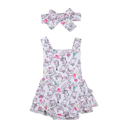 

Binpure Baby Girls Holiday Outfits Cartoon Print Sleeveless Ruffle Romper with Headband