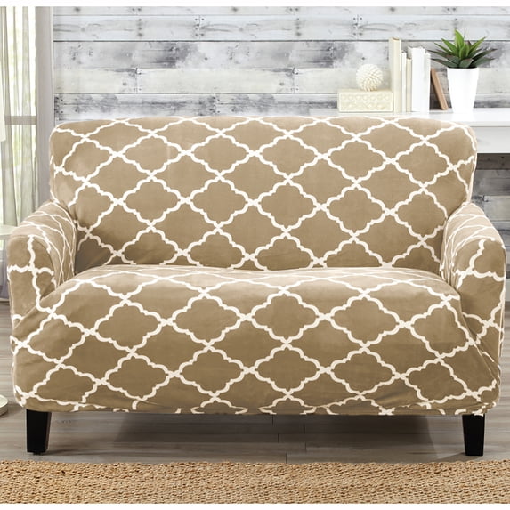 Great Bay Home Stretch Printed Velvet Plush Washable Loveseat Slipcover (Loveseat, Lattice - Taupe)