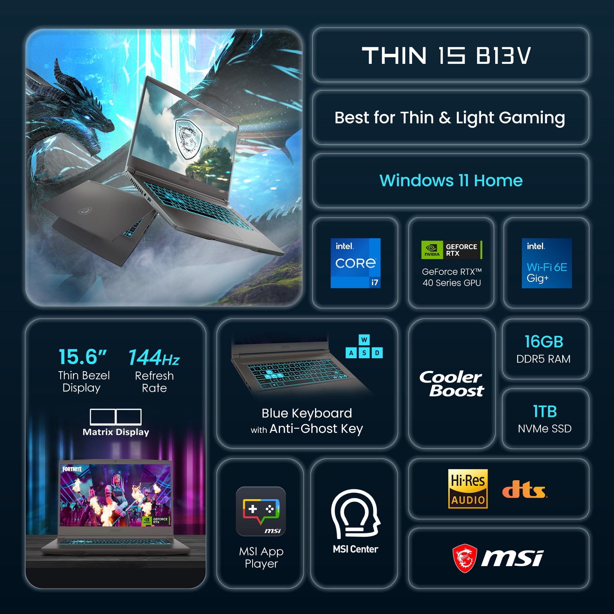 MSI Thin 15 15.6" Full HD Gaming Laptop, Intel Core i7 i7-13620H, 16GB RAM, NVIDIA GeForce RTX 4050 6 GB, 1TB SSD, Windows 11 Home, THIN 15 B13VE-3047US