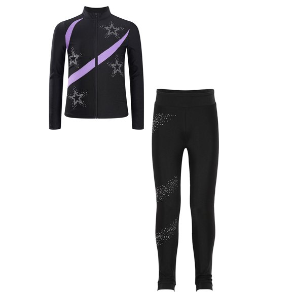 Sxiwei Ice Skating Clothes Set for Girls Figure Skating Jacket with Sparkle Pants Leggings Kids 2 Piece Activewear Light Purple 12